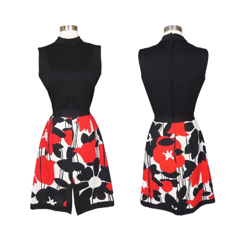 Vintage 60s Red Black White MOD GoGo Tulip Floral Print Shift Dress XS S